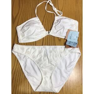 Shade & Shore Eyelet Halter String Bikini Swimsuit Set Women Ivory Cottage Sz M
